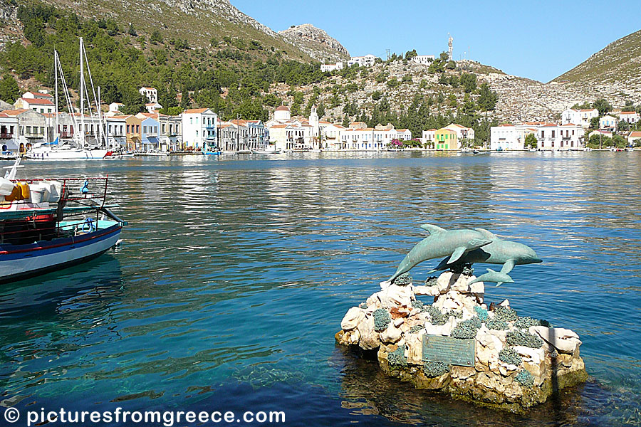 One of Kastelorizo's most famous landmarks is the statue of two dolphins in the port.