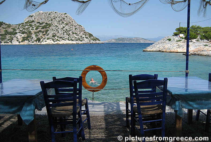 Aponisos in Agistri is a small beach and a small island. Good lunches and wonderful sea to swim in.