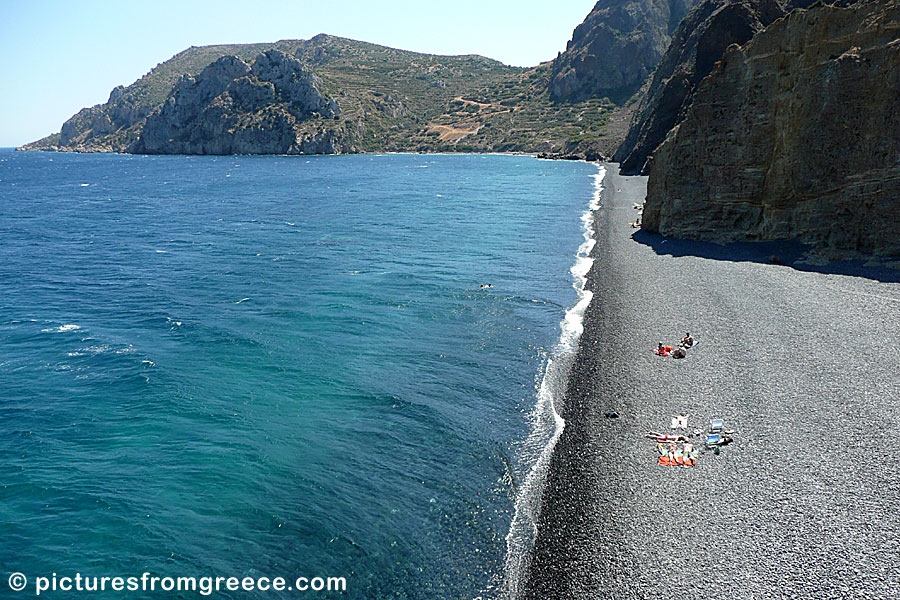 Mavra Volia in Chios is a two-piece beach which is named after the black sand and stones.