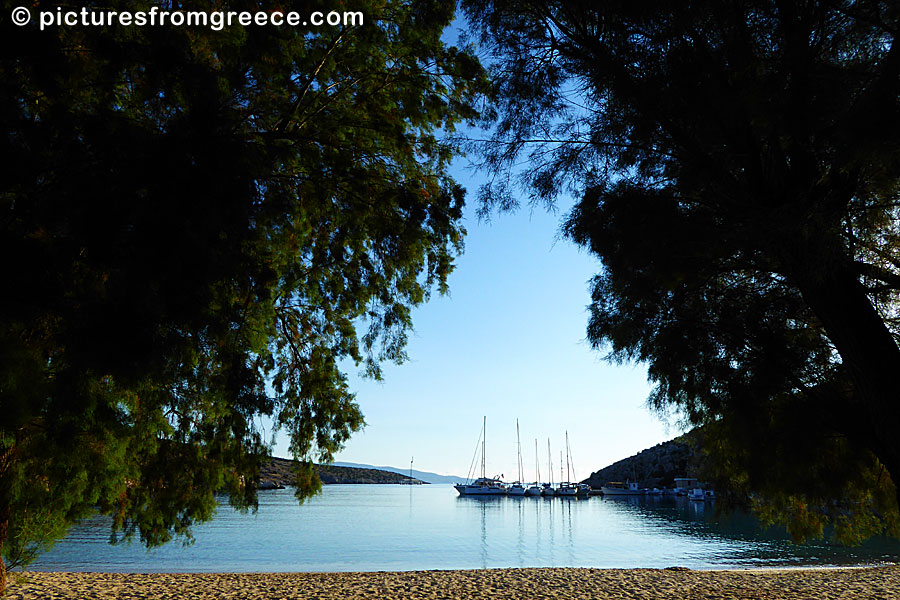 Sailing boats in the port beach in Iraklia.