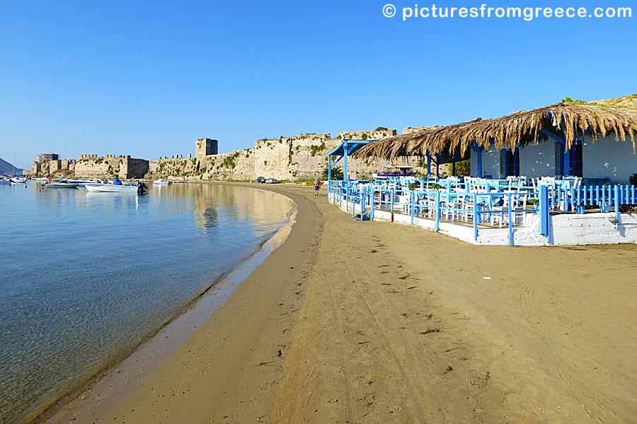 Methoni beach and castle in south Peloponnese in Greece.