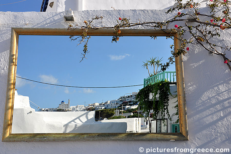 The village Artemonas in Sifnos seen from a mirror in a bar at Apollonia.