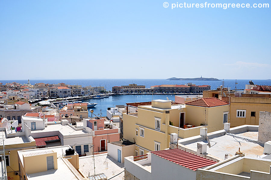 View of the port of Ermoupolis from a balcony at Hotel Ethrion